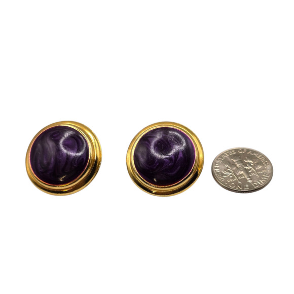 Earrings Purple Enamel Gold Tone Studs Round Domed Post Thin Metal SKU2394 - Picture 2 of 5